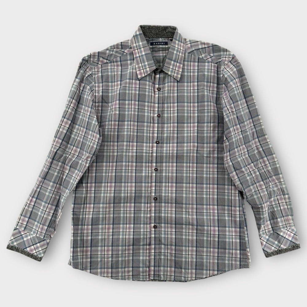 Zagiri Shirt Mens Large Gray Plaid Long Sleeve Button Up Cotton‎ Flip Cuff Pink